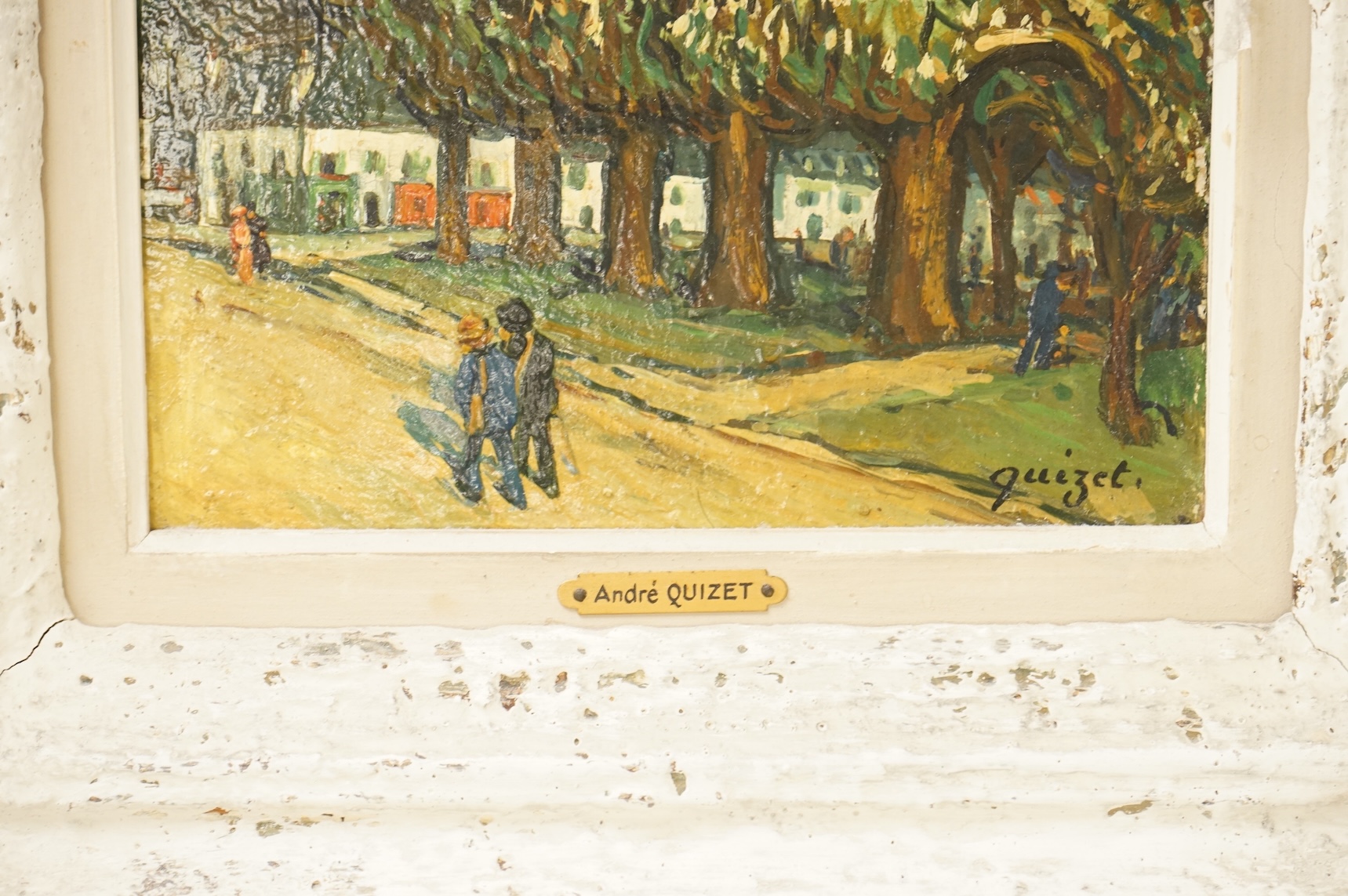 Alphonse Leon Quizet (French 1885-1955), Figures on a pathway before trees, signed, oil on board, 24 x 17cm